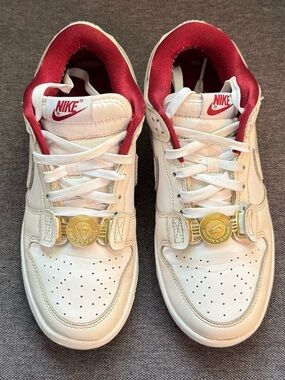 Nike White and Red Low-Top Sneakers with Gold Eyelet Detail